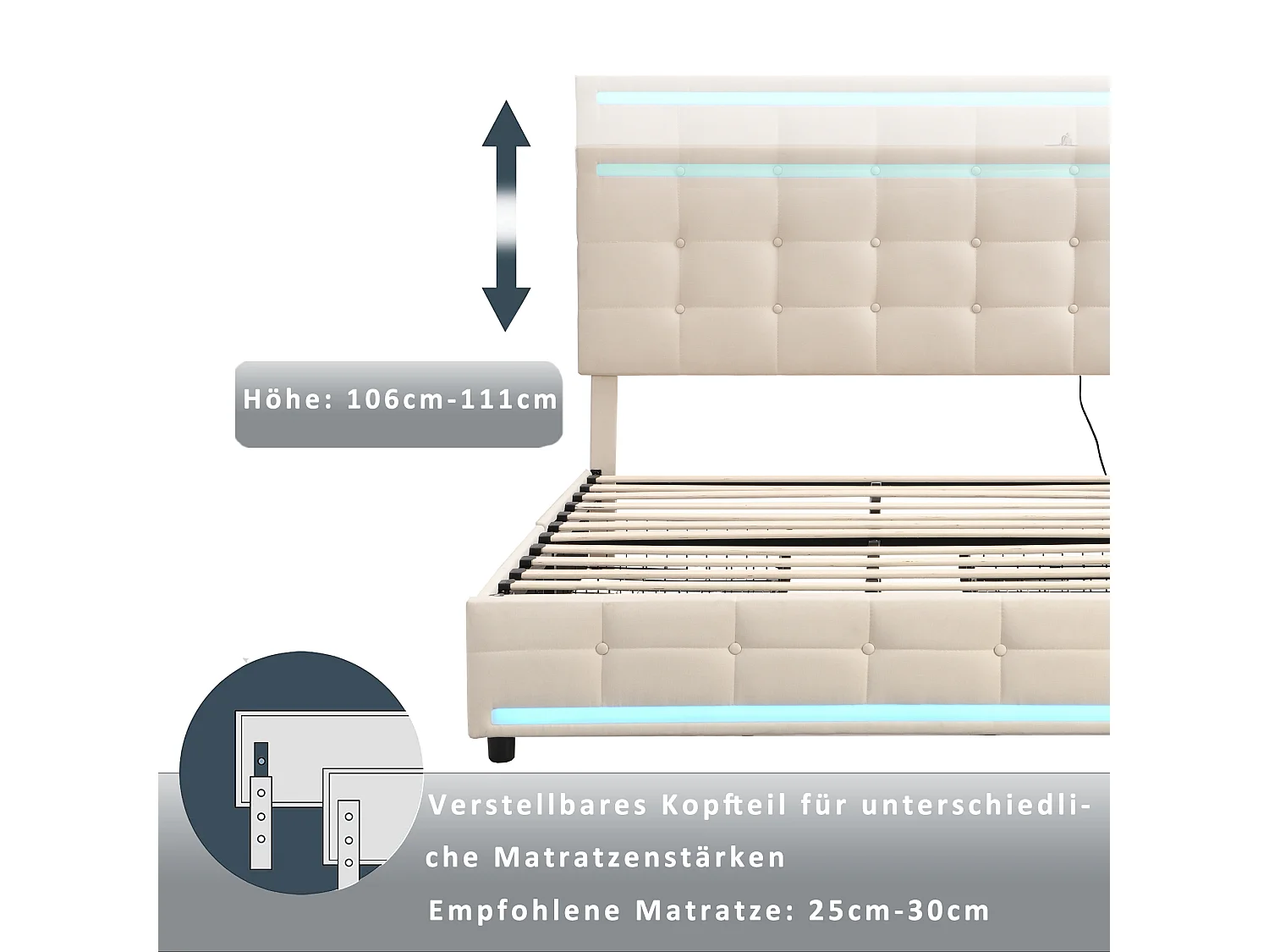 Lit coffre double rembourré - 140 x 200 cm - Leds + 4 tiroirs + Tête de lit avec USB - Tissu lin - Beige