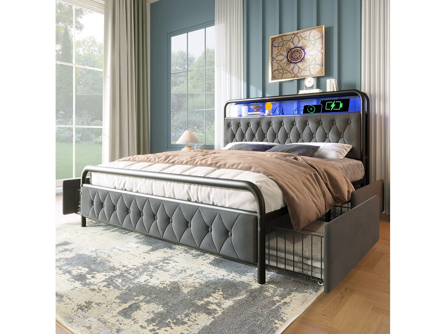 Gepolstertes Doppelbett mit Stauraum - 140 x 200 cm - Matratze + LEDs + 4 Schubladen + Kopfteil mit USB - Samt - Grau