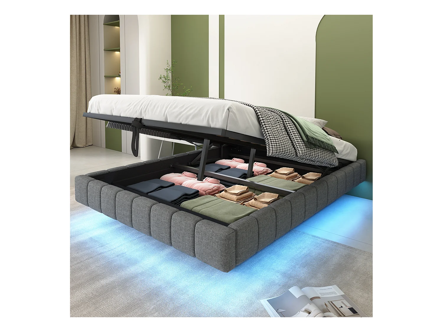 Lit coffre double rembourré - 140 x 200 cm - sans tête + Leds - Tissu lin - Gris