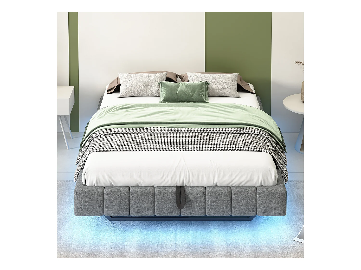 Lit coffre double rembourré - 140 x 200 cm - sans tête + Leds - Tissu lin - Gris