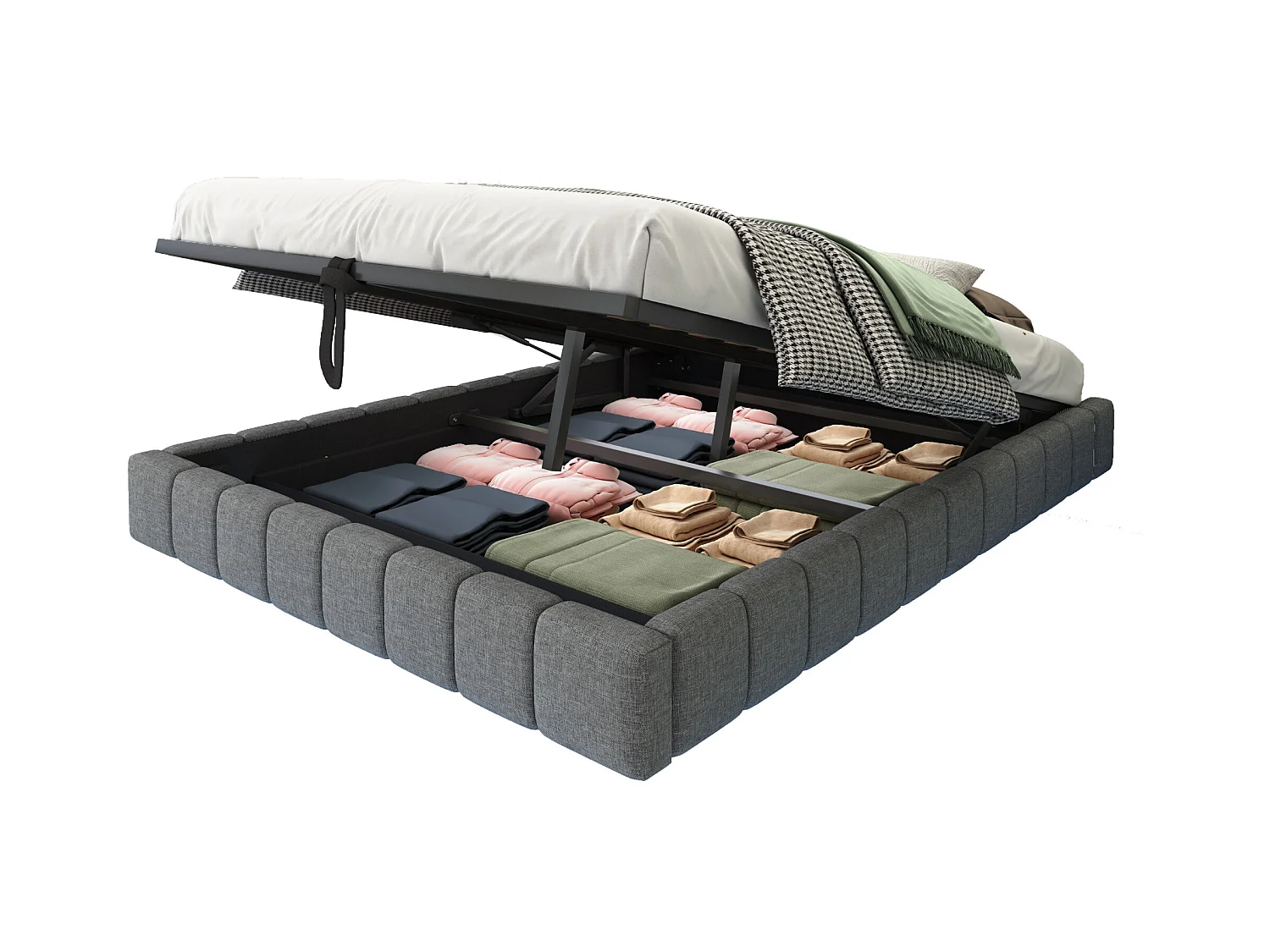 Lit coffre double rembourré - 140 x 200 cm - sans tête + Leds - Tissu lin - Gris