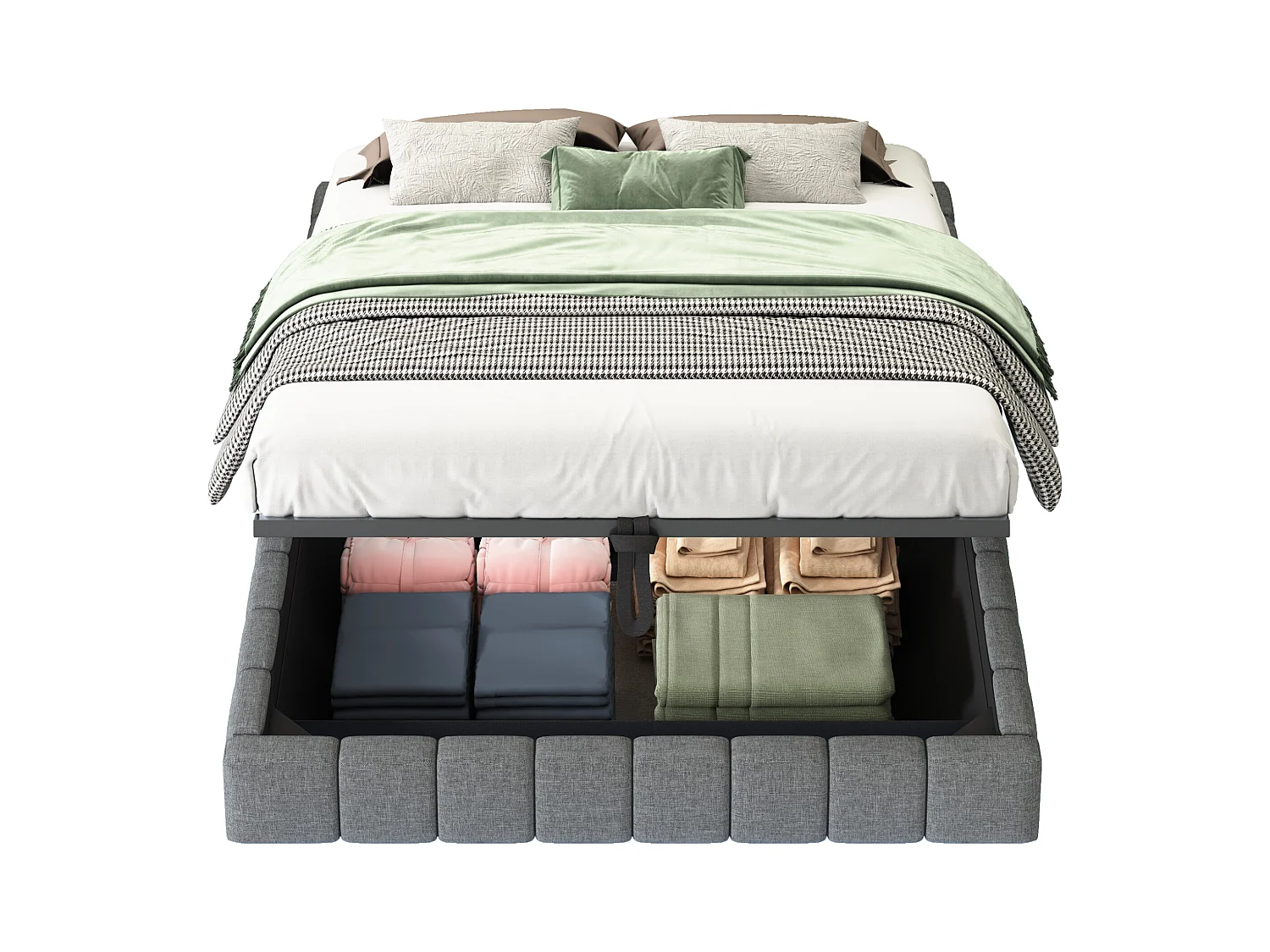 Lit coffre double rembourré - 140 x 200 cm - sans tête + Leds - Tissu lin - Gris