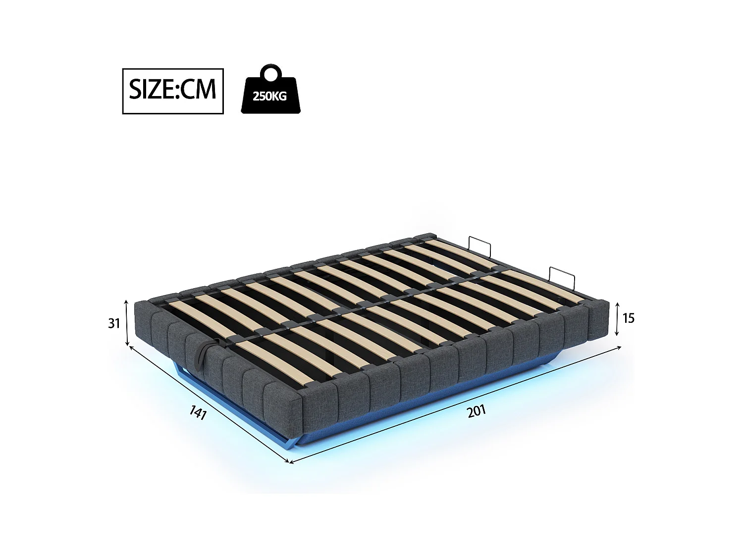 Lit coffre double rembourré - 140 x 200 cm - sans tête + Leds - Tissu lin - Gris