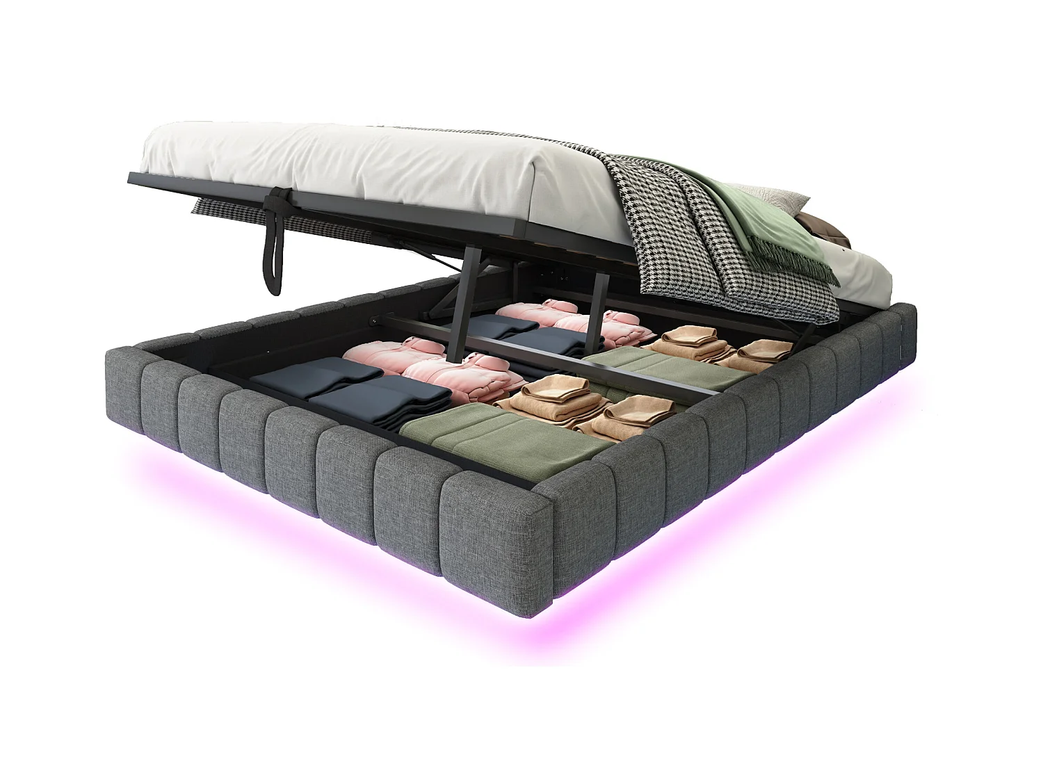 Lit coffre double rembourré - 140 x 200 cm - sans tête + Leds - Tissu lin - Gris