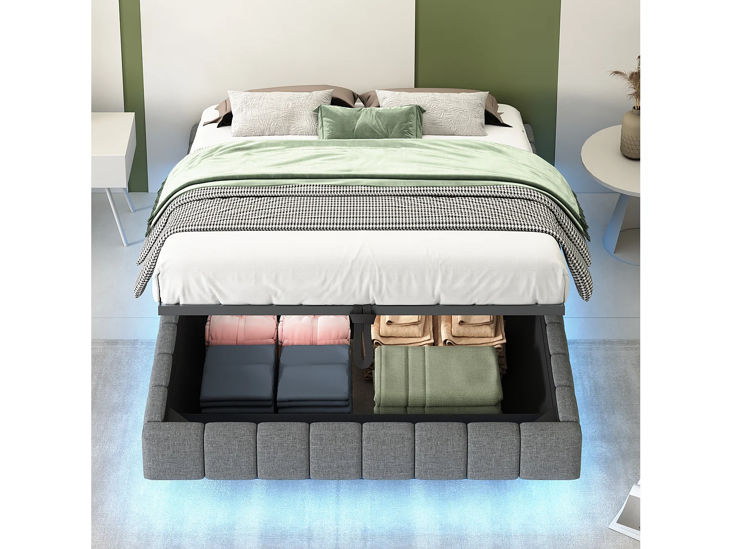 Lit coffre double rembourré - 140 x 200 cm - sans tête + Leds - Tissu lin - Gris