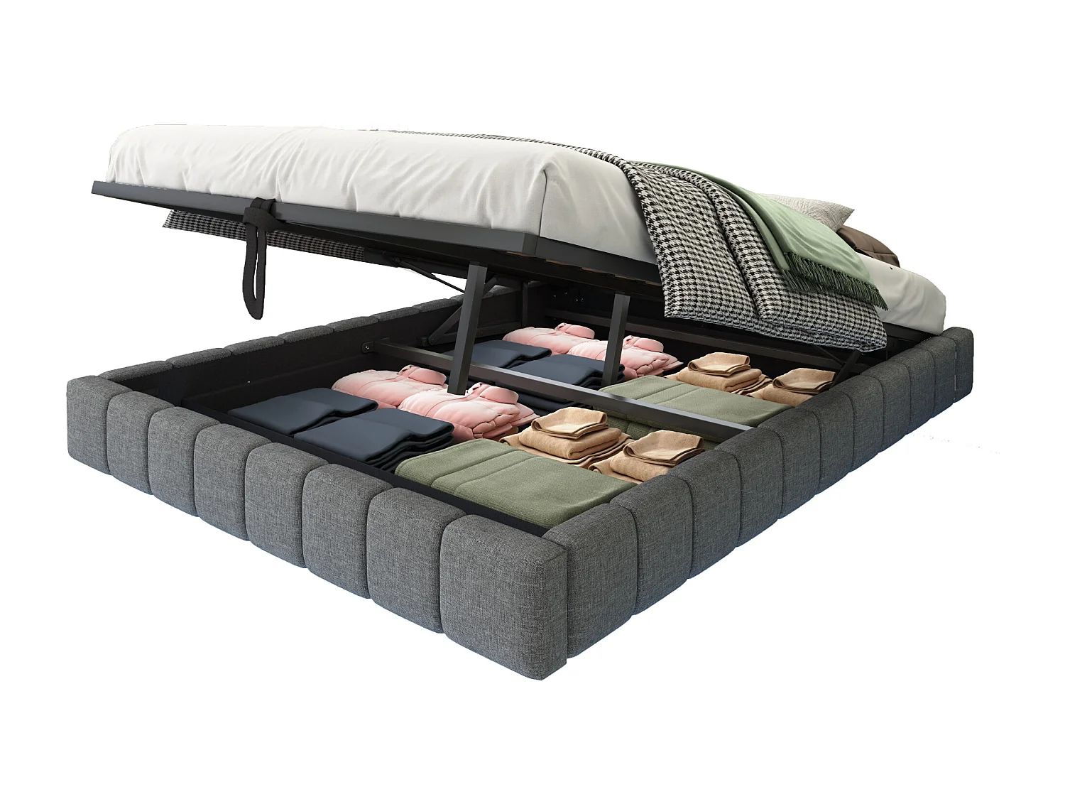 Lit coffre double rembourré - 140 x 200 cm - sans tête + Leds - Tissu lin - Gris