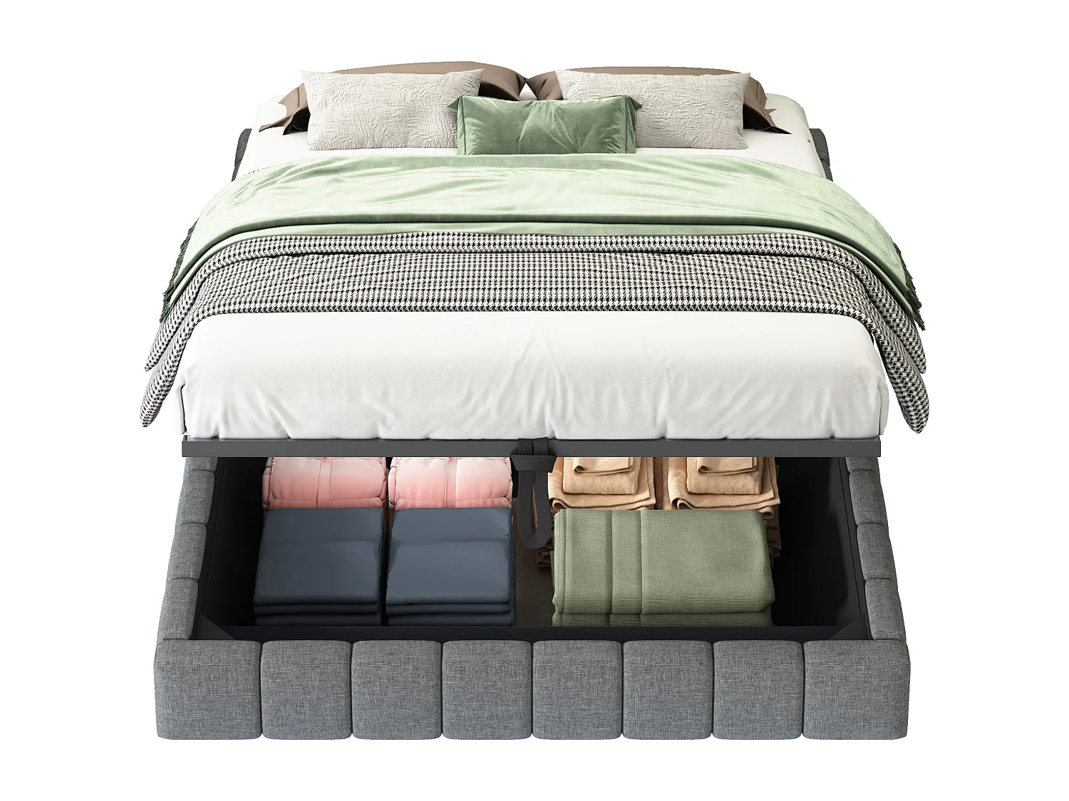 Lit coffre double rembourré - 140 x 200 cm - sans tête + Leds - Tissu lin - Gris