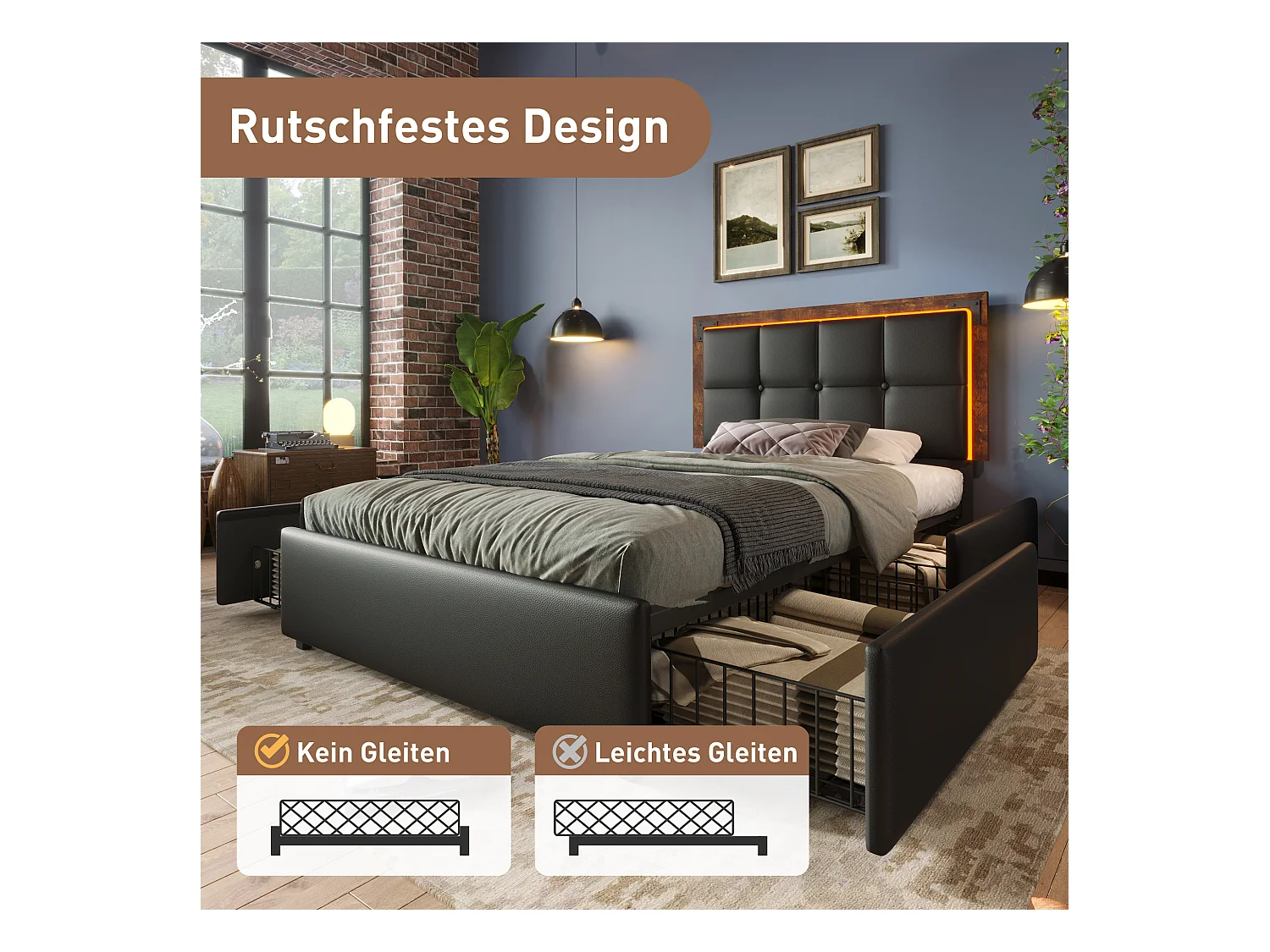 Lit coffre rembourré - 90 x 200 cm - Matelas + Leds + 4 tiroirs + Tête de lit réglable - Cuir PU - Noir