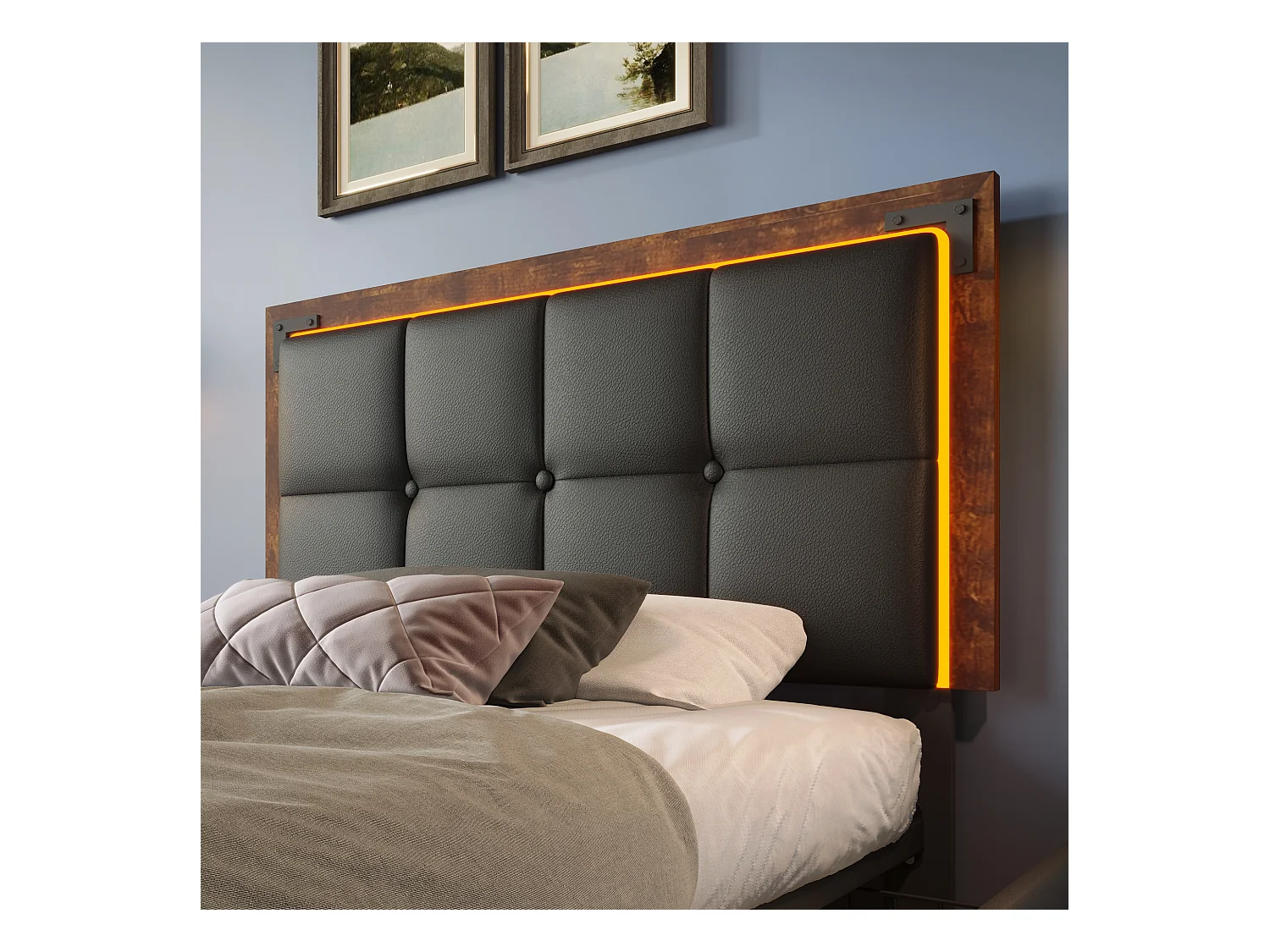 Lit coffre rembourré - 90 x 200 cm - Matelas + Leds + 4 tiroirs + Tête de lit réglable - Cuir PU - Noir