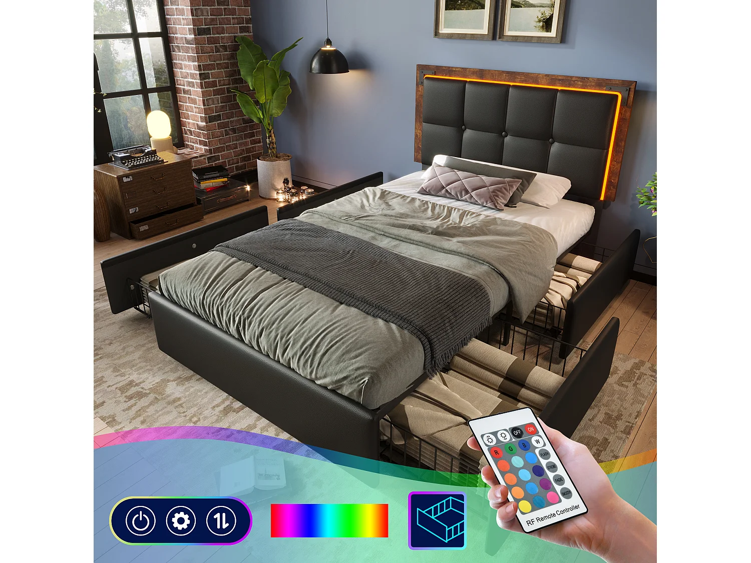 Lit coffre rembourré - 90 x 200 cm - Matelas + Leds + 4 tiroirs + Tête de lit réglable - Cuir PU - Noir