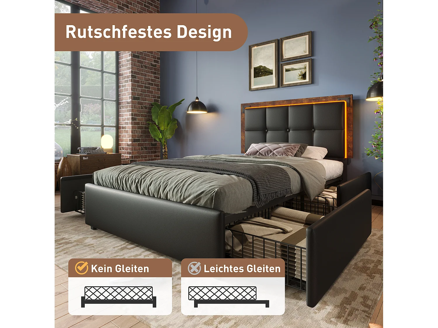 Lit coffre rembourré - 90 x 200 cm - Matelas + Leds + 4 tiroirs + Tête de lit réglable - Cuir PU - Noir