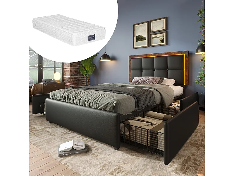 Letto contenitore imbottito - 90 x 200 cm - Materasso + LED + 4 cassetti + Testiera regolabile - Pelle PU - Nero