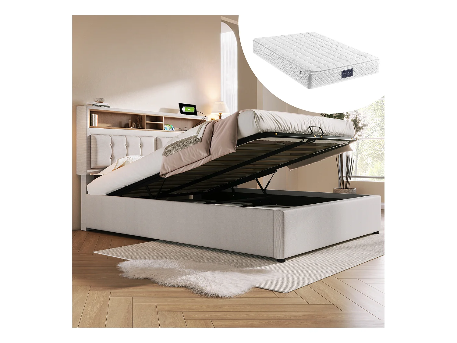 Lit coffre double rembourré - 140 x 200 cm - Matelas + Tête de lit avec USB - Tissu lin - Beige