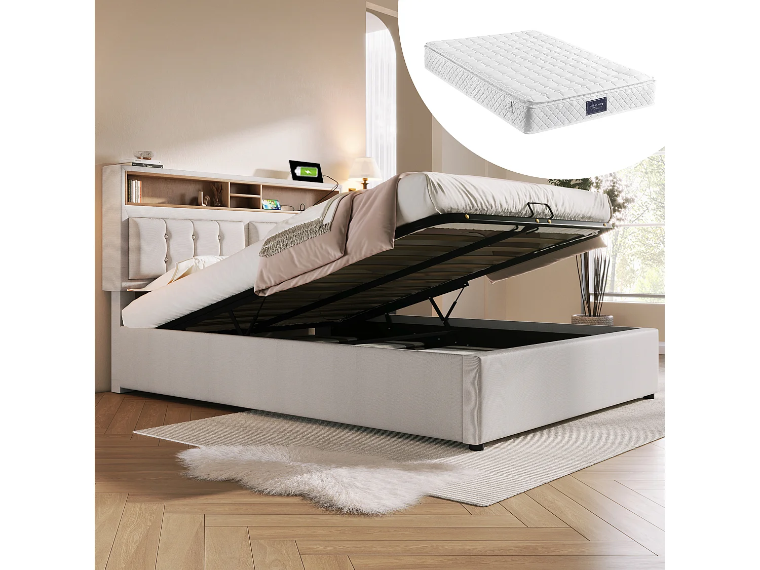 Gepolstertes Doppelbett mit Stauraum - 140 x 200 cm - Matratze + Kopfteil mit USB - Leinenstoff - Beige
