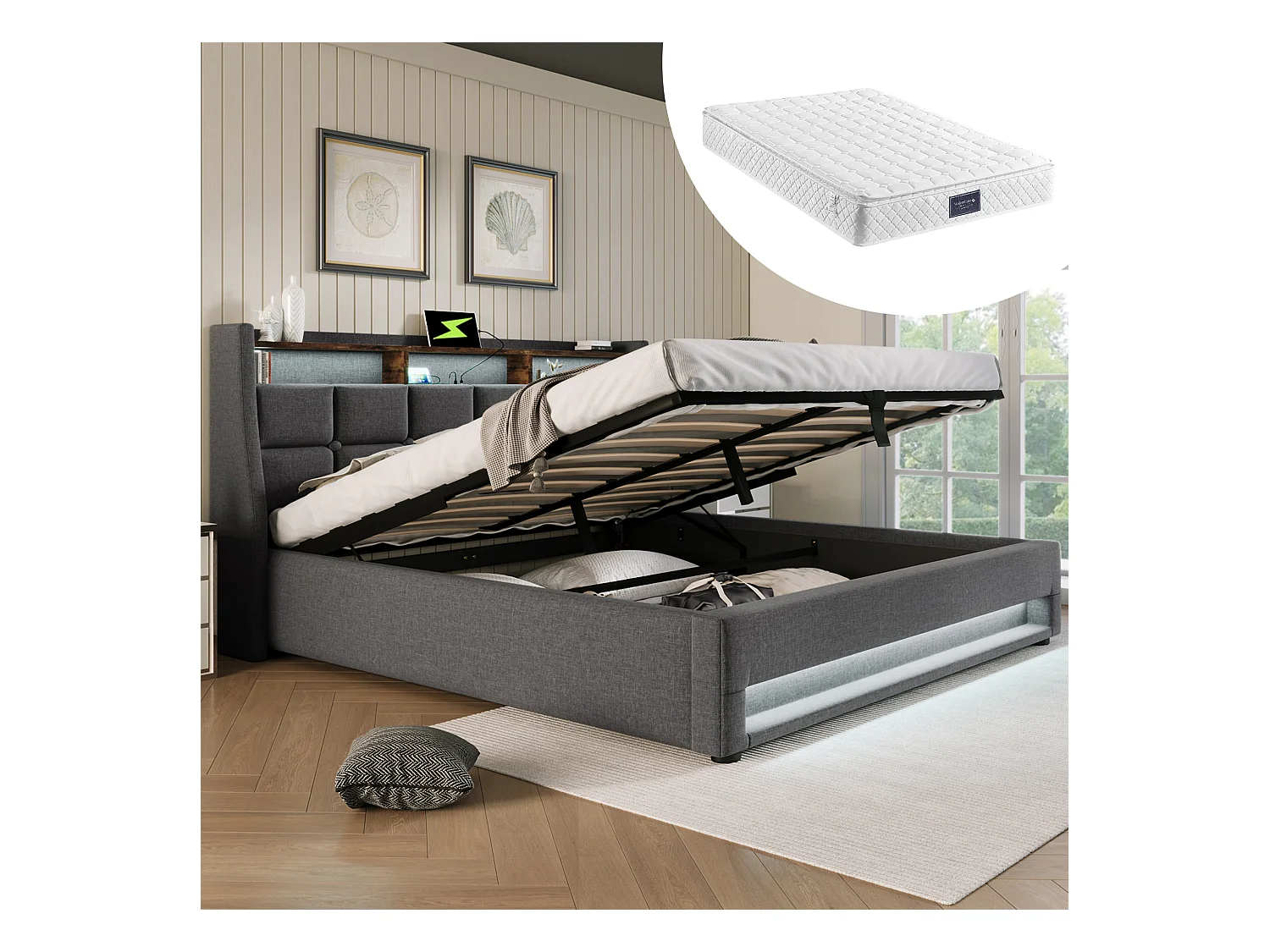 Gestoffeerd opbergbed voor jongeren - 140 x 200 cm - Matras + LED's + Hoofdbord met USB - Linnen stof - grijs