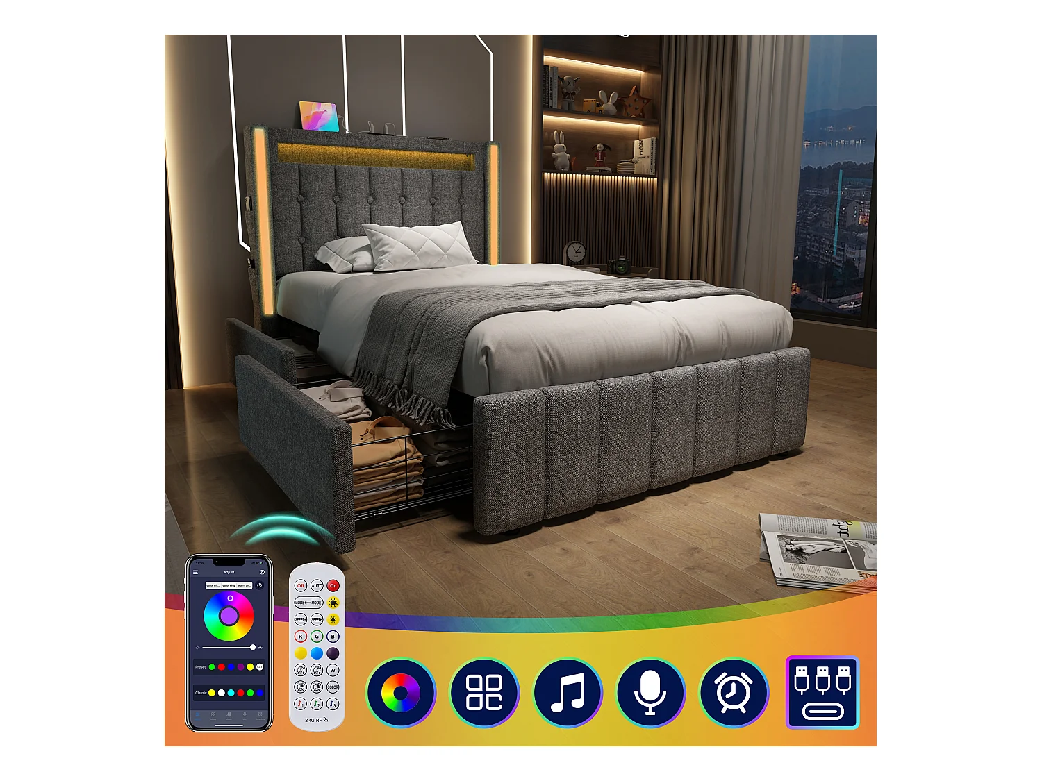 Lit coffre rembourré jeunes - 90 x 200 cm - Matelas + Leds + 2 tiroirs + Tête de lit avec USB - Tissu lin - Gris