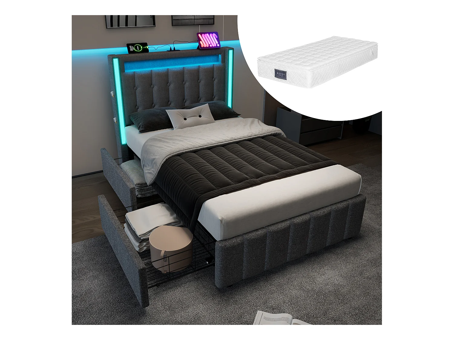 Lit coffre rembourré jeunes - 90 x 200 cm - Matelas + Leds + 2 tiroirs + Tête de lit avec USB - Tissu lin - Gris