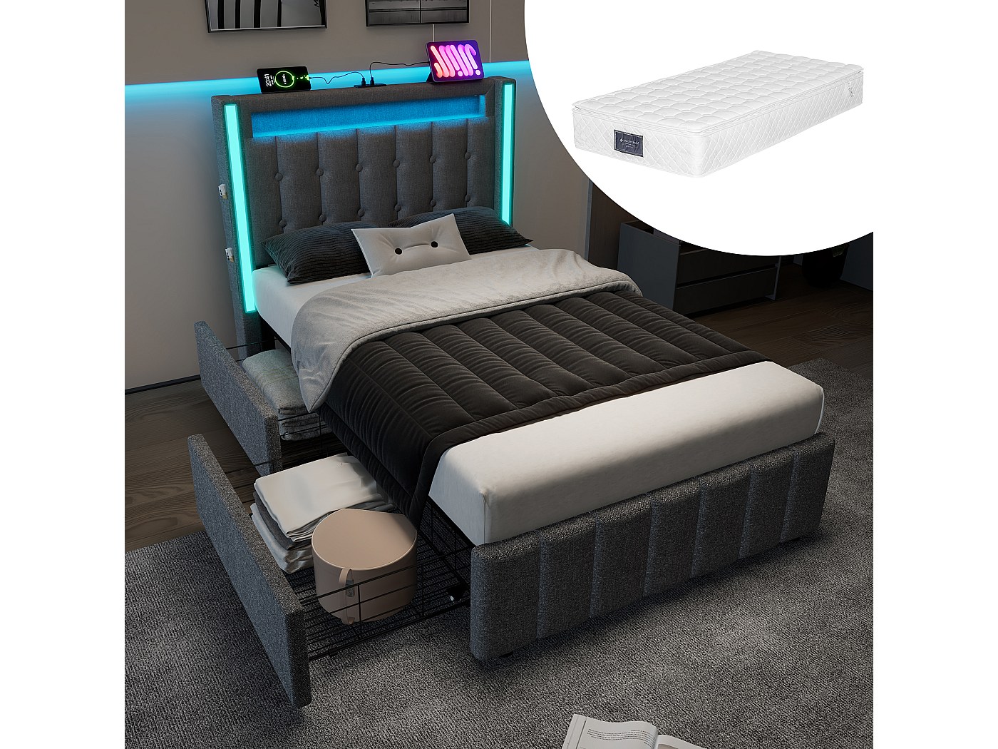 Cama canapé tapizada juvenil - 90 x 200 cm - Colchón + LEDs + 2 cajones ...