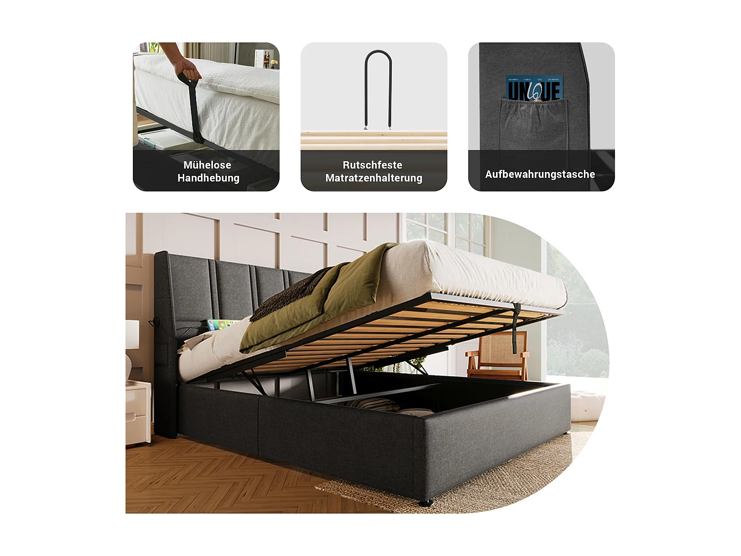 Letto contenitore matrimoniale imbottito - 160 x 200 cm - Materasso + Testiera con USB - Tessuto in lino - Grigio