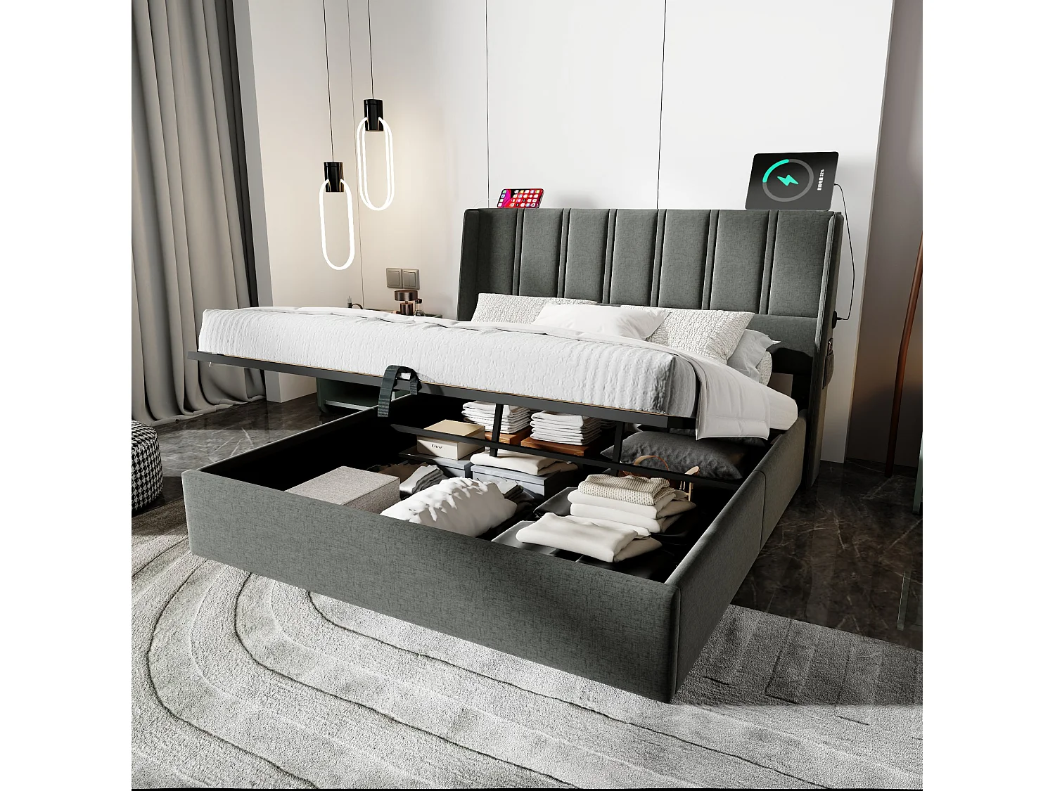 Letto contenitore matrimoniale imbottito - 160 x 200 cm - Materasso + Testiera con USB - Tessuto in lino - Grigio