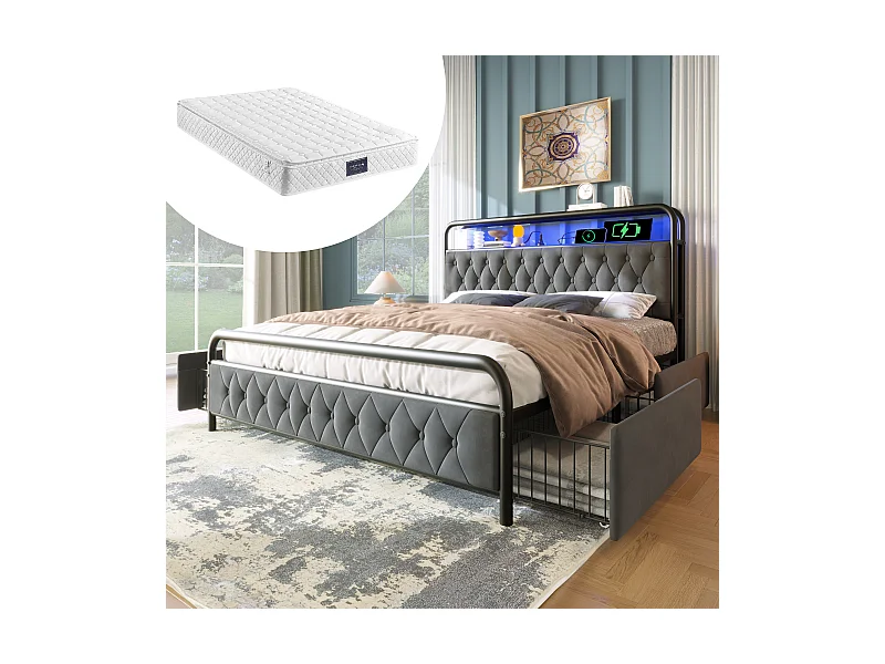 Cama de casal estofada com arrumação - 160 x 200 cm - Colchão + LEDs + 4 gavetas + Cabeceira com USB - Veludo - cinza