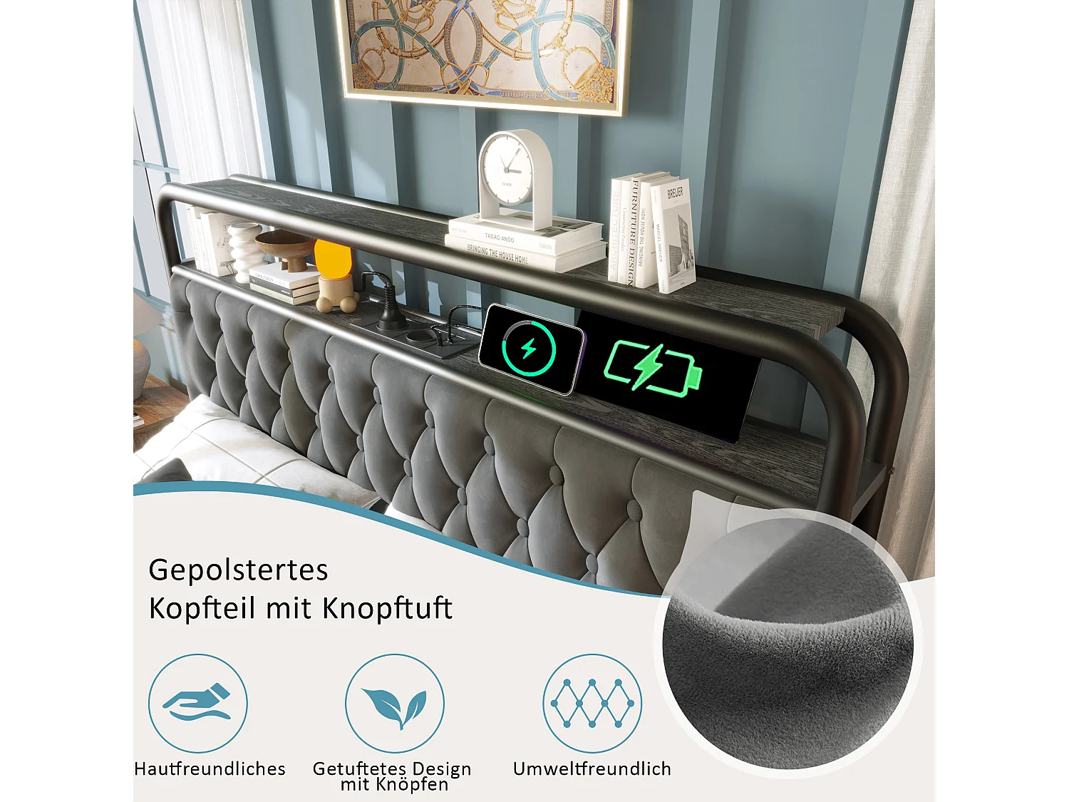 Lit coffre double rembourré - 160 x 200 cm - Matelas + Leds + 4 tiroirs + Tête de lit avec USB - Velours - gris