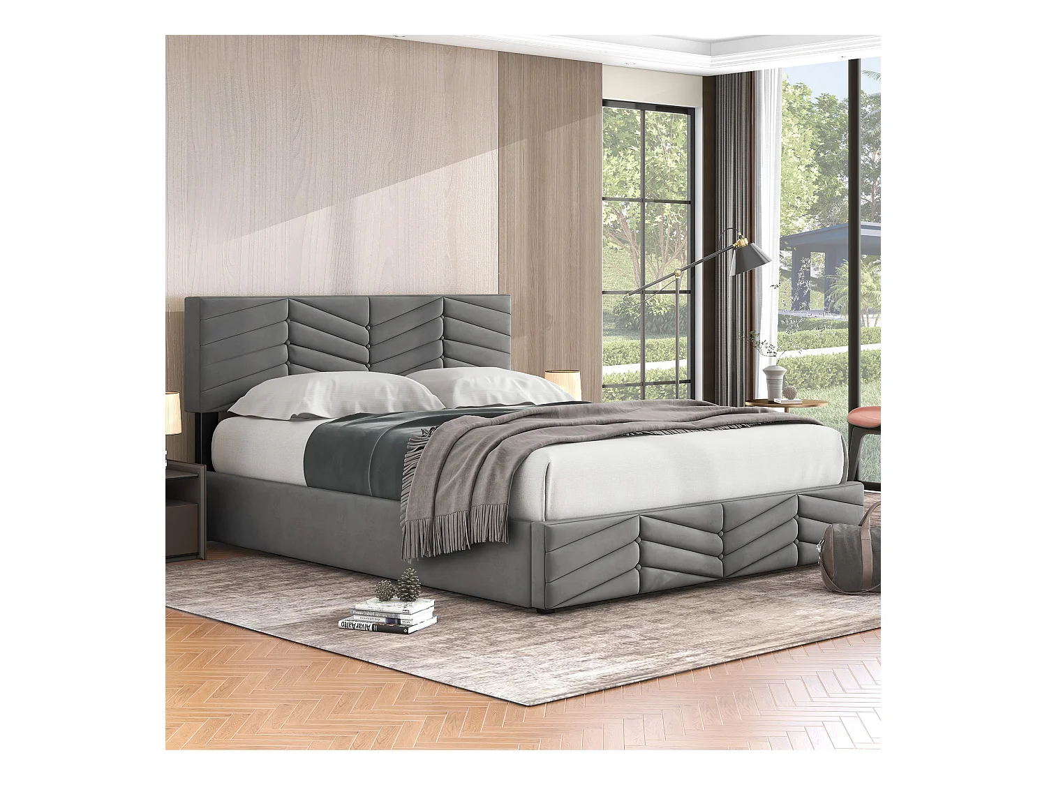 Lit coffre rembourré pour jeunes - 140 x 190 cm - tête de lit réglable - tissu velours - gris