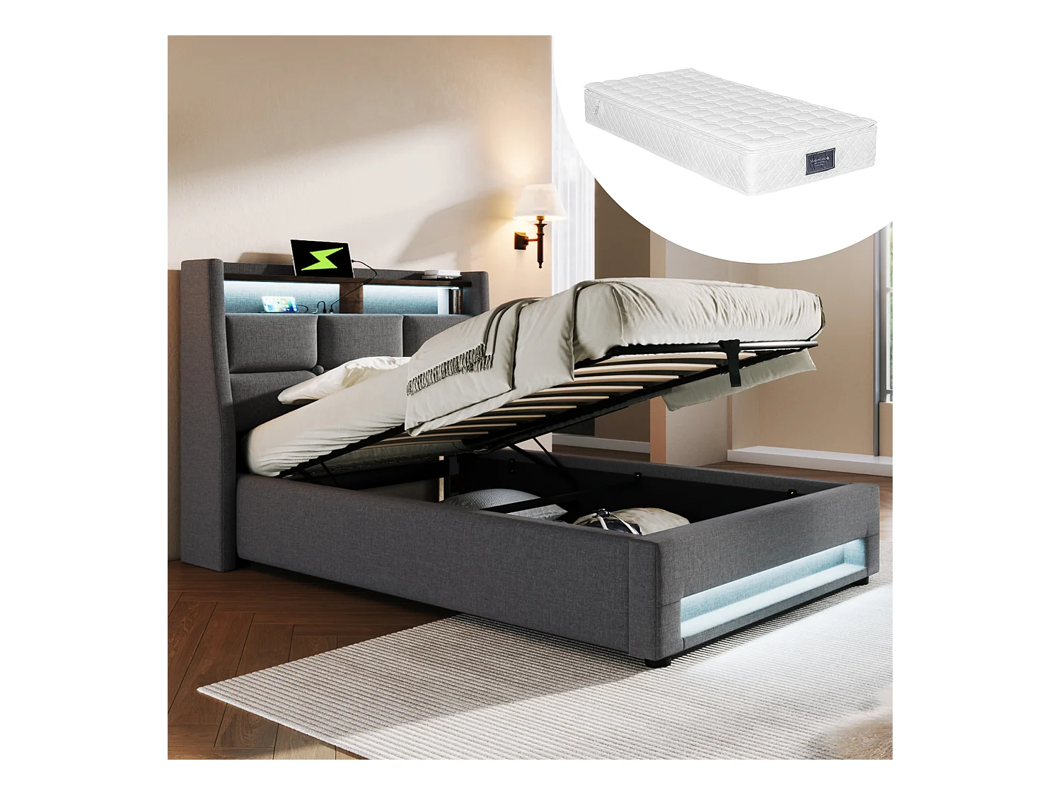 Łóżko tapicerowane z pojemnikiem dla młodzieży - 90 x 200 cm - Materac + LEDy + Zagłówek z USB - Tkanina lniana - szary
