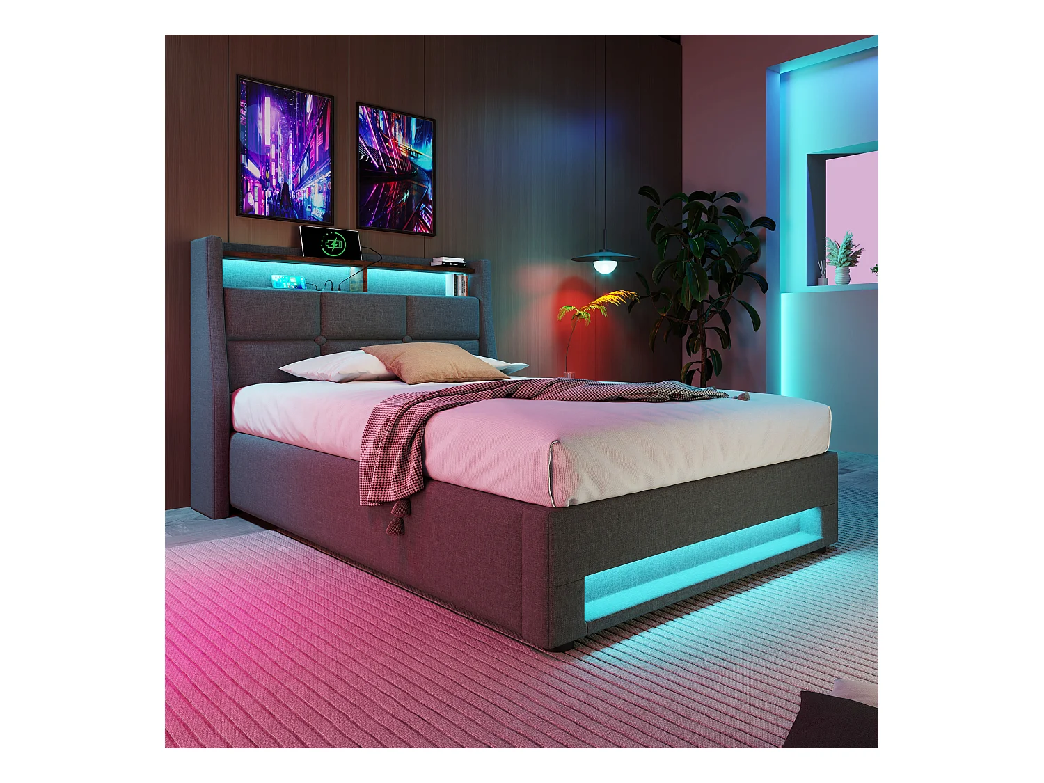 Łóżko tapicerowane z pojemnikiem dla młodzieży - 90 x 200 cm - Materac + LEDy + Zagłówek z USB - Tkanina lniana - szary