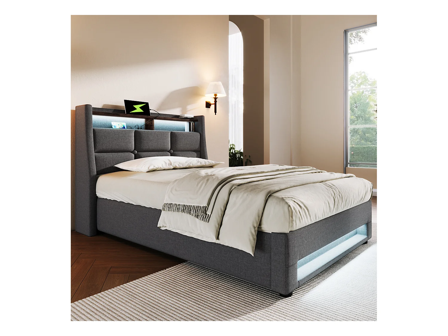 Łóżko tapicerowane z pojemnikiem dla młodzieży - 90 x 200 cm - Materac + LEDy + Zagłówek z USB - Tkanina lniana - szary