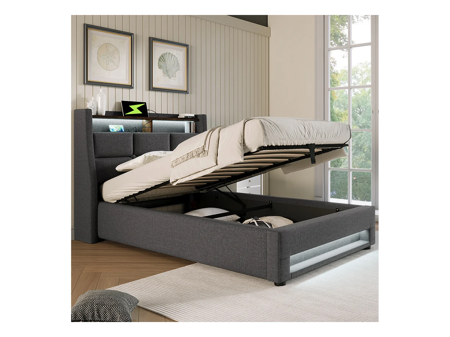 Łóżko tapicerowane z pojemnikiem dla młodzieży - 90 x 200 cm - Materac + LEDy + Zagłówek z USB - Tkanina lniana - szary