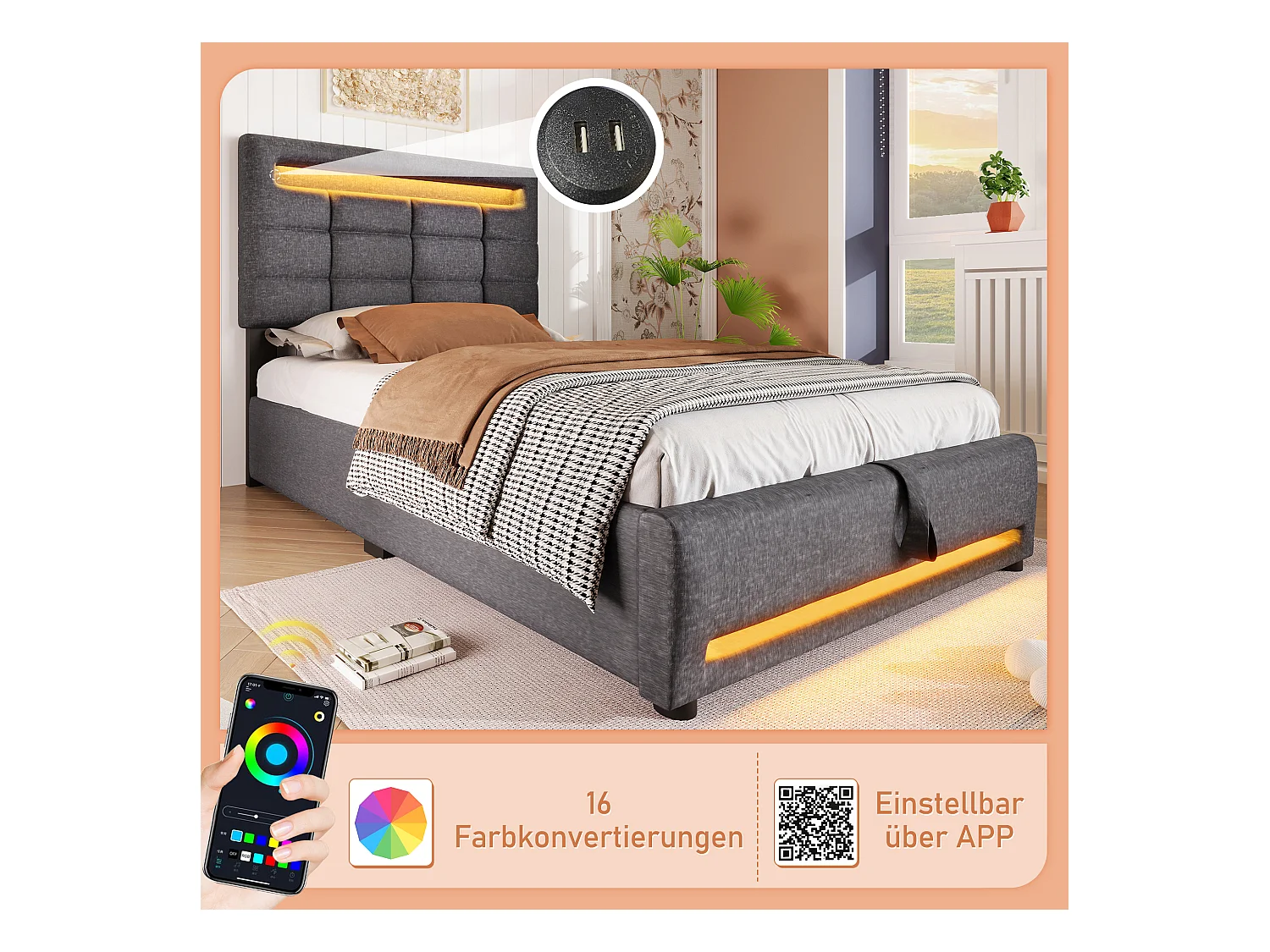 Lit coffre rembourré - 90 x 200 cm - télécommande APP + Leds + port USB - tissu lin - gris