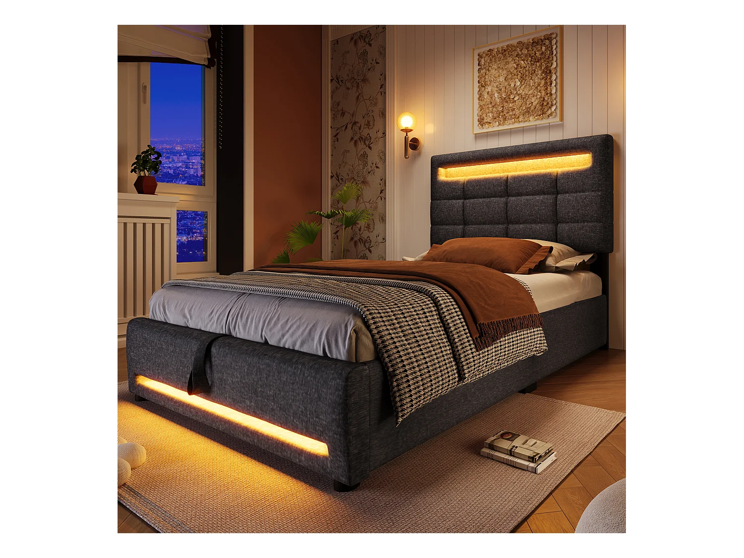 Lit coffre rembourré - 90 x 200 cm - télécommande APP + Leds + port USB - tissu lin - gris