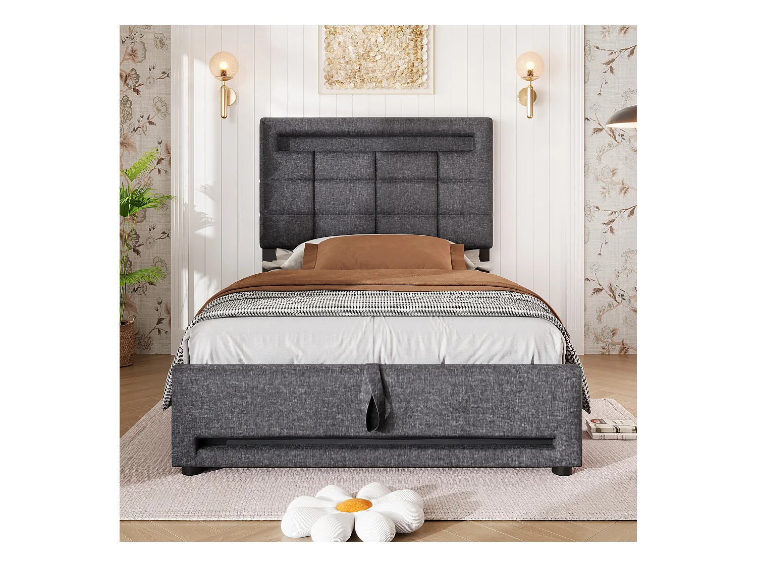 Lit coffre rembourré - 90 x 200 cm - télécommande APP + Leds + port USB - tissu lin - gris