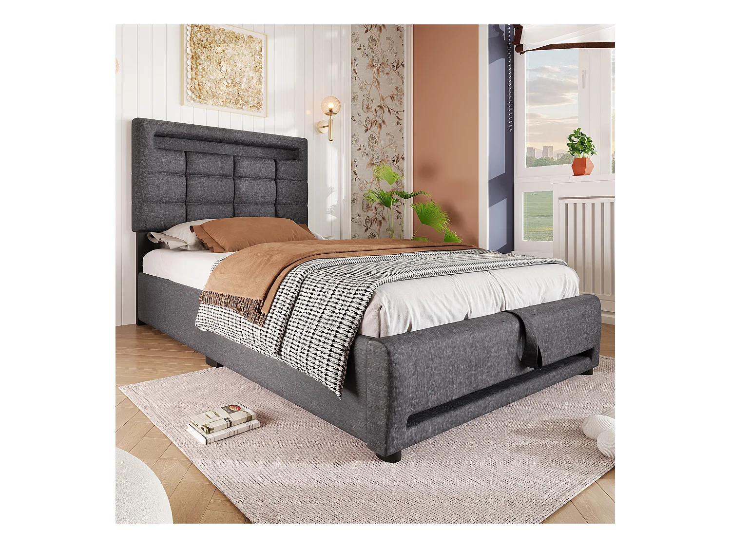 Lit coffre rembourré - 90 x 200 cm - télécommande APP + Leds + port USB - tissu lin - gris