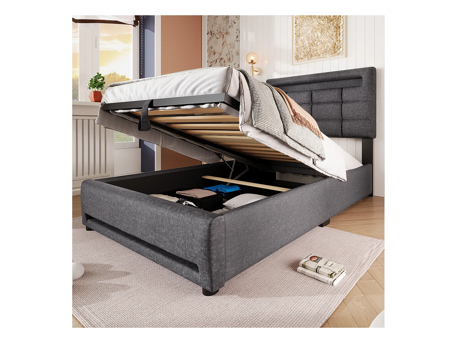 Lit coffre rembourré - 90 x 200 cm - télécommande APP + Leds + port USB - tissu lin - gris