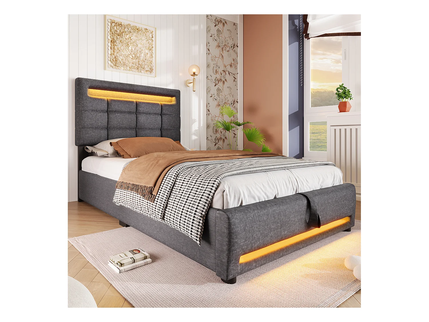 Lit coffre rembourré - 90 x 200 cm - télécommande APP + Leds + port USB - tissu lin - gris