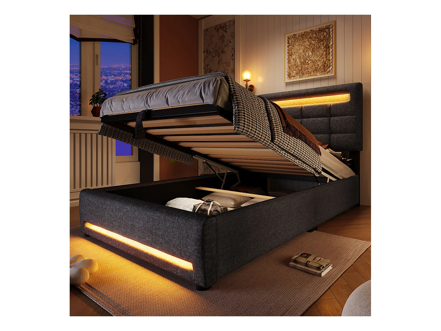 Gestoffeerd opbergbed - 90 x 200 cm - APP-afstandsbediening + LED's + USB-poort - linnen stof - grijs