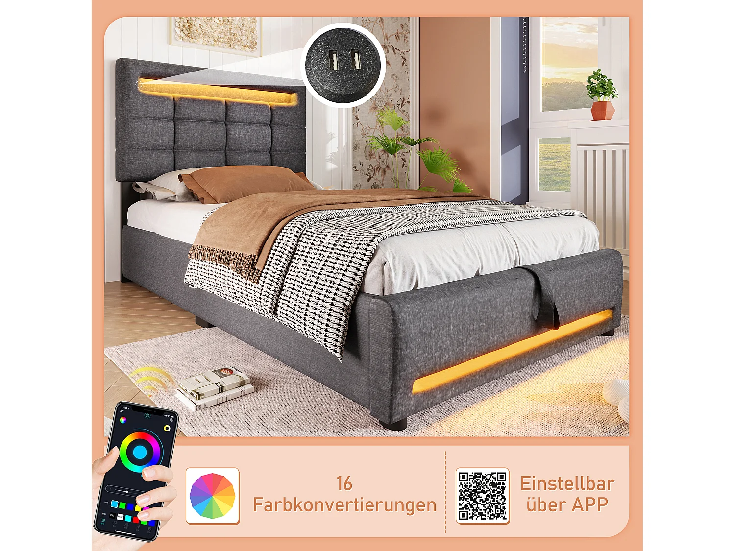 Lit coffre rembourré - 90 x 200 cm - télécommande APP + Leds + port USB - tissu lin - gris