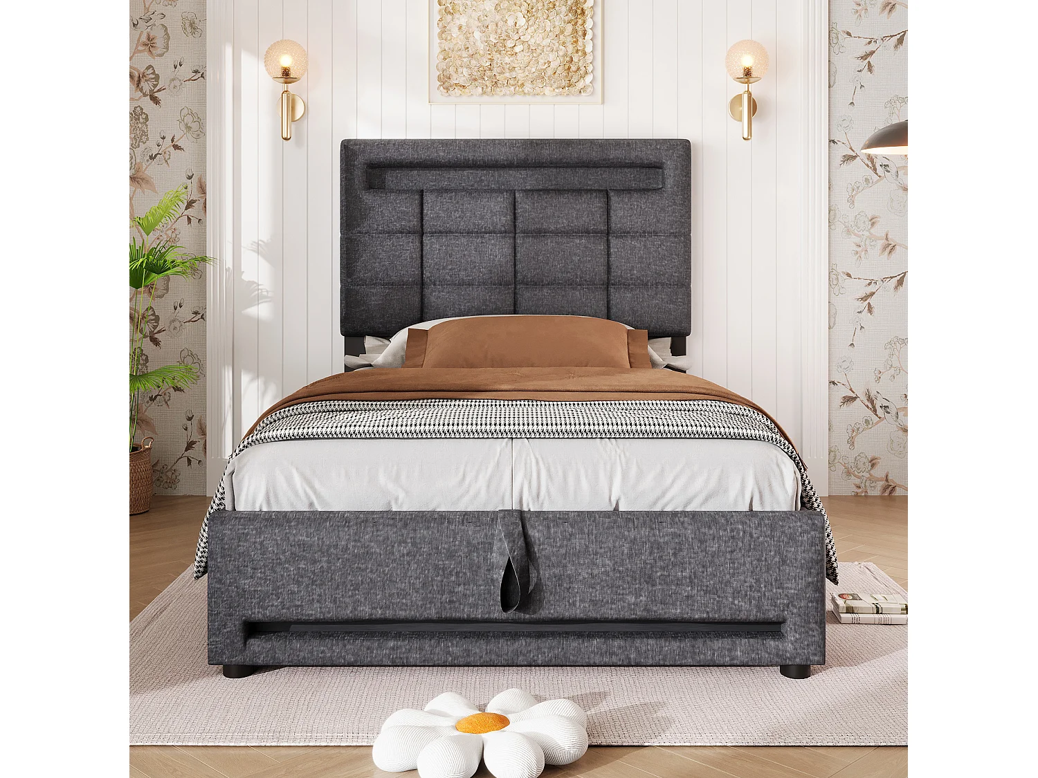 Lit coffre rembourré - 90 x 200 cm - télécommande APP + Leds + port USB - tissu lin - gris