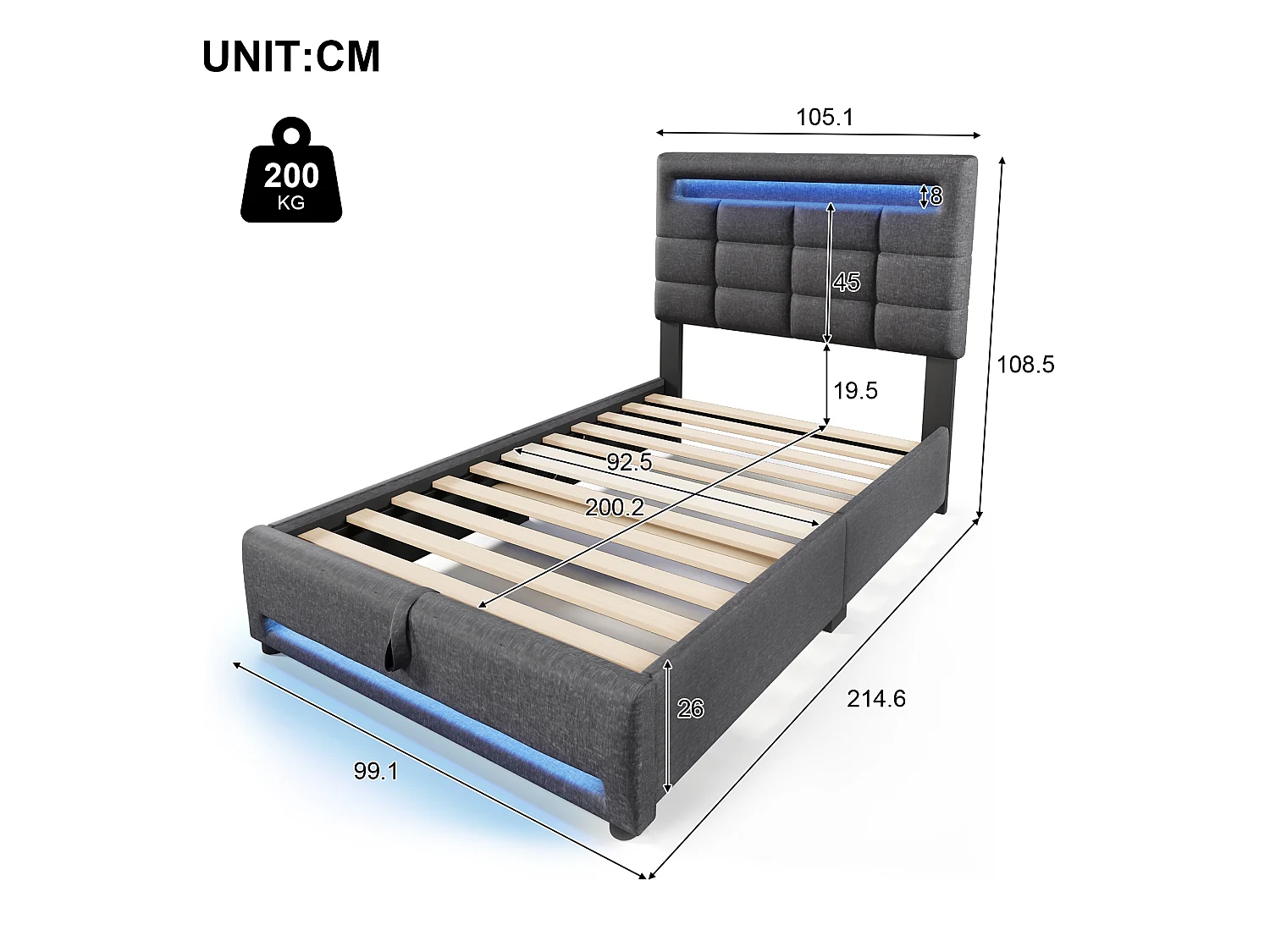 Polstret seng med opbevaring - 90 x 200 cm - APP-fjernbetjening + LED'er + USB-port - hørstof - grå