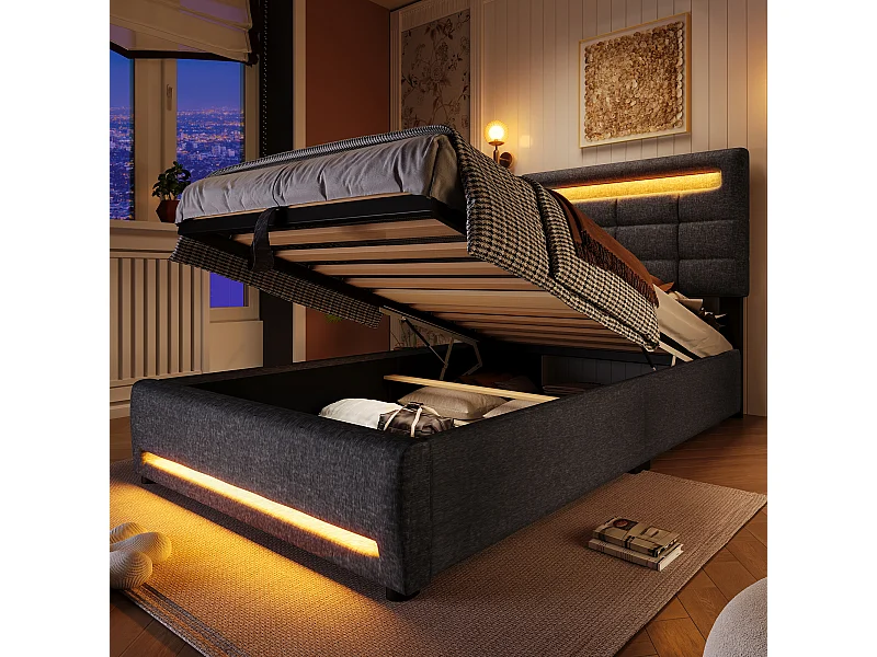 Gepolstertes Bett mit Stauraum - 90 x 200 cm - APP-Fernbedienung + LEDs + USB-Anschluss - Leinenstoff - grau