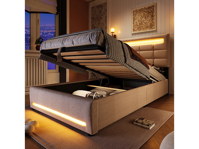 Cama con canapé tapizada - 90 x 200 cm - Control remoto APP + LEDs + puerto USB - Tejido de lino - Beige