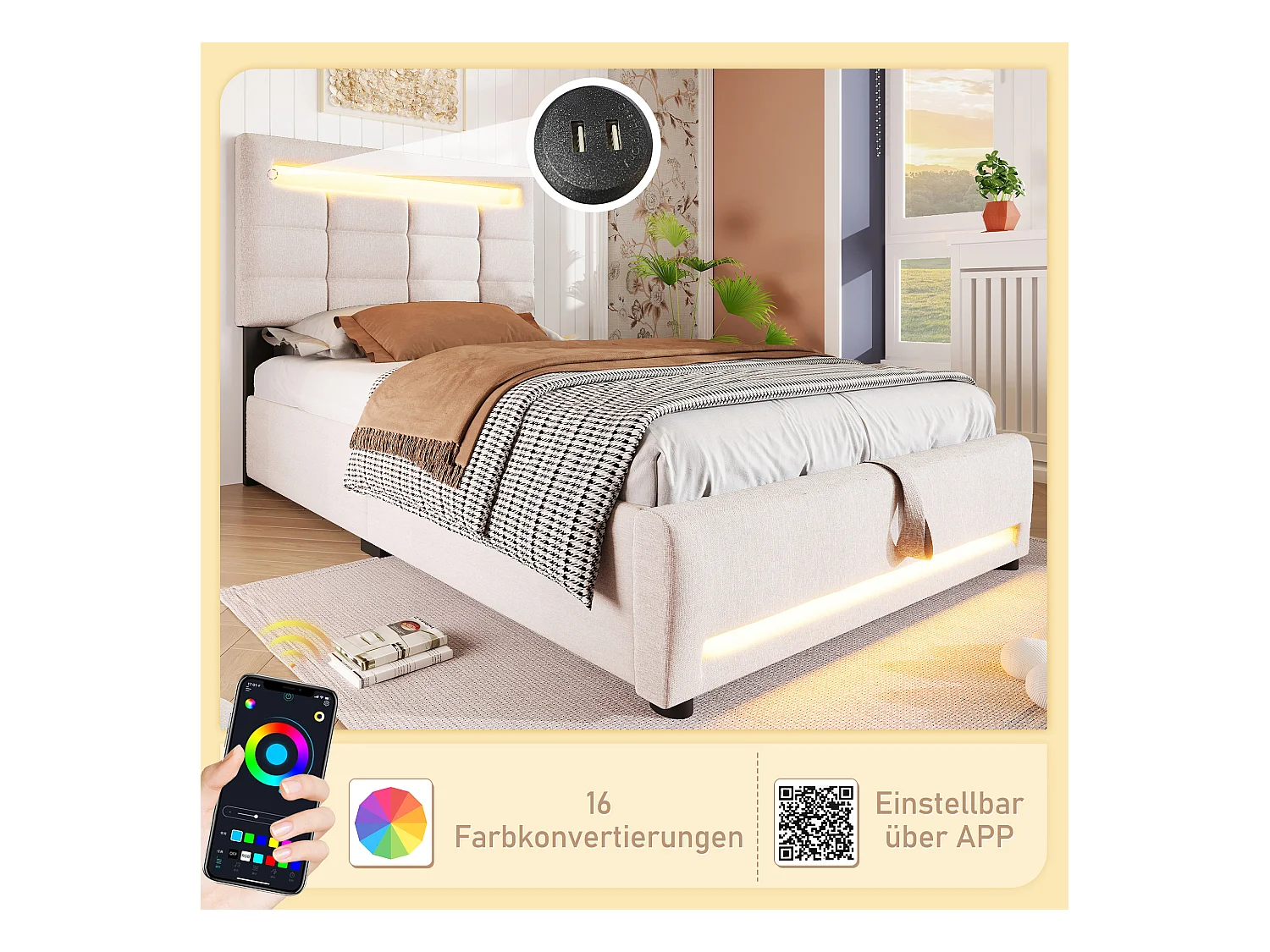 Lit coffre rembourré - 90 x 200 cm - télécommande APP + Leds + port USB - tissu lin - beige