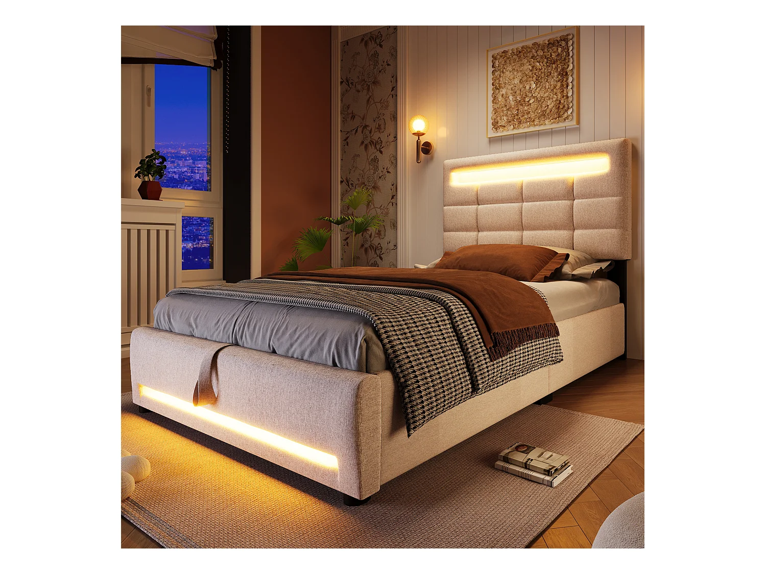 Lit coffre rembourré - 90 x 200 cm - télécommande APP + Leds + port USB - tissu lin - beige