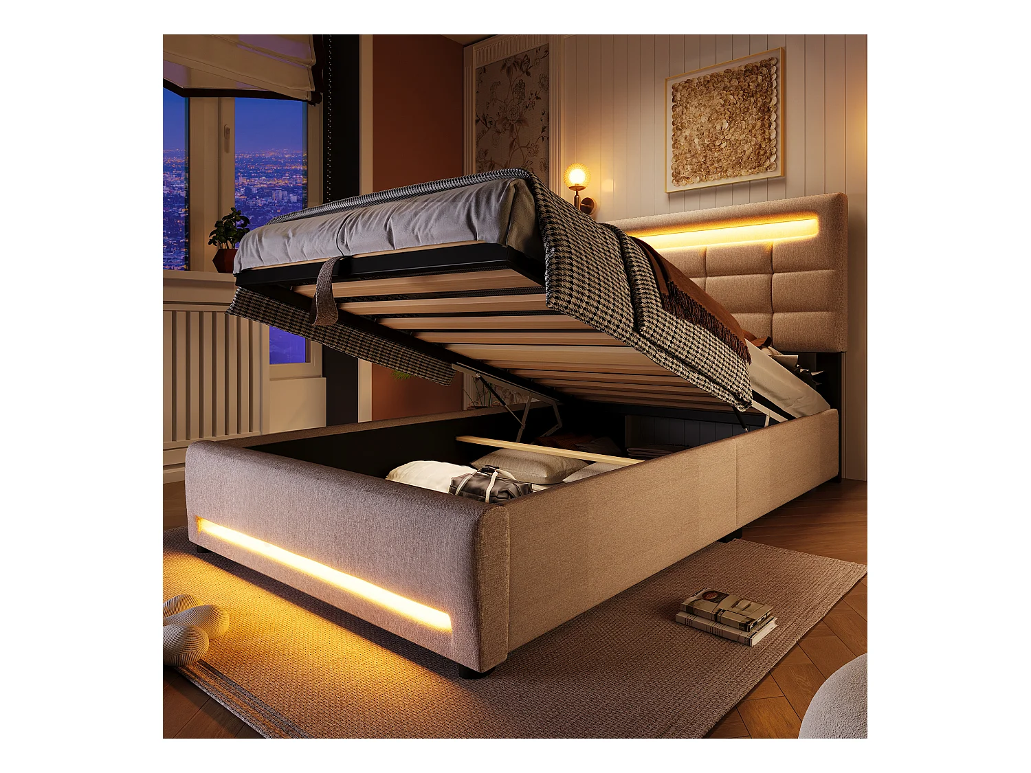 Gepolstertes Stauraumbett - 90 x 200 cm - APP-Fernbedienung + LEDs + USB-Anschluss - Leinenstoff - Beige