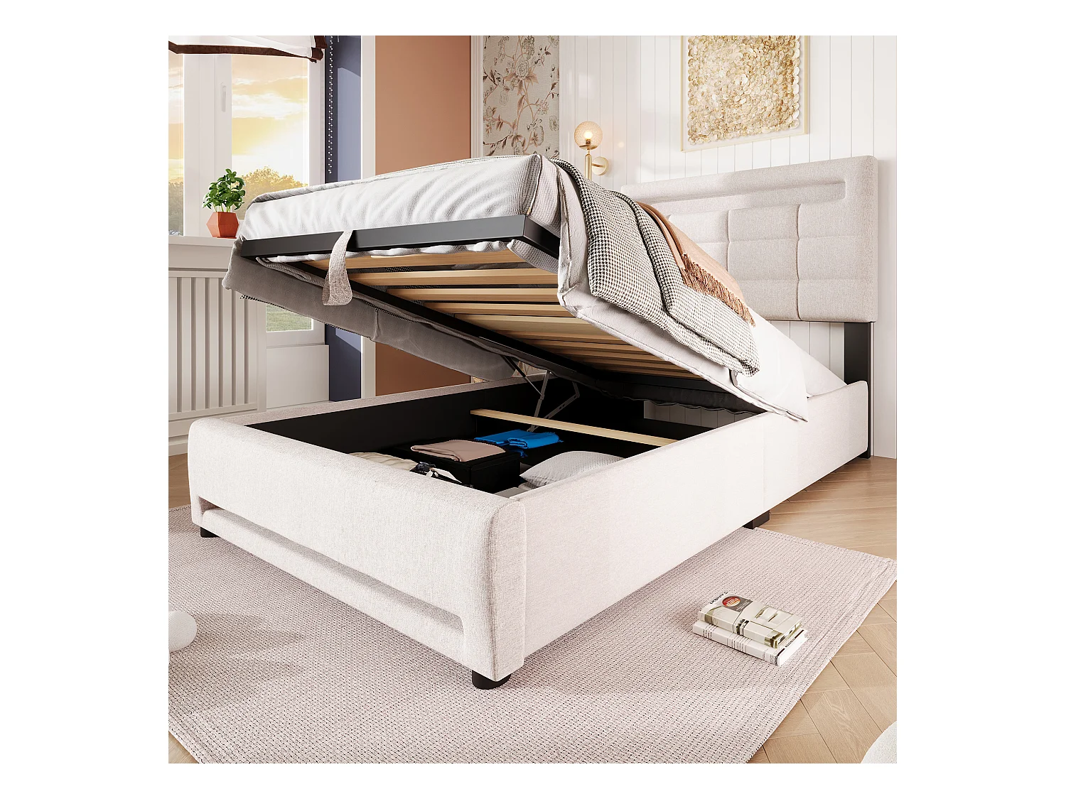 Lit coffre rembourré - 90 x 200 cm - télécommande APP + Leds + port USB - tissu lin - beige