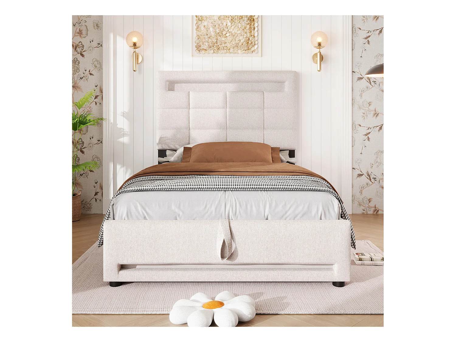 Lit coffre rembourré - 90 x 200 cm - télécommande APP + Leds + port USB - tissu lin - beige