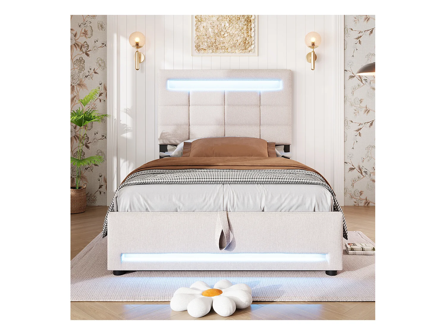 Lit coffre rembourré - 90 x 200 cm - télécommande APP + Leds + port USB - tissu lin - beige