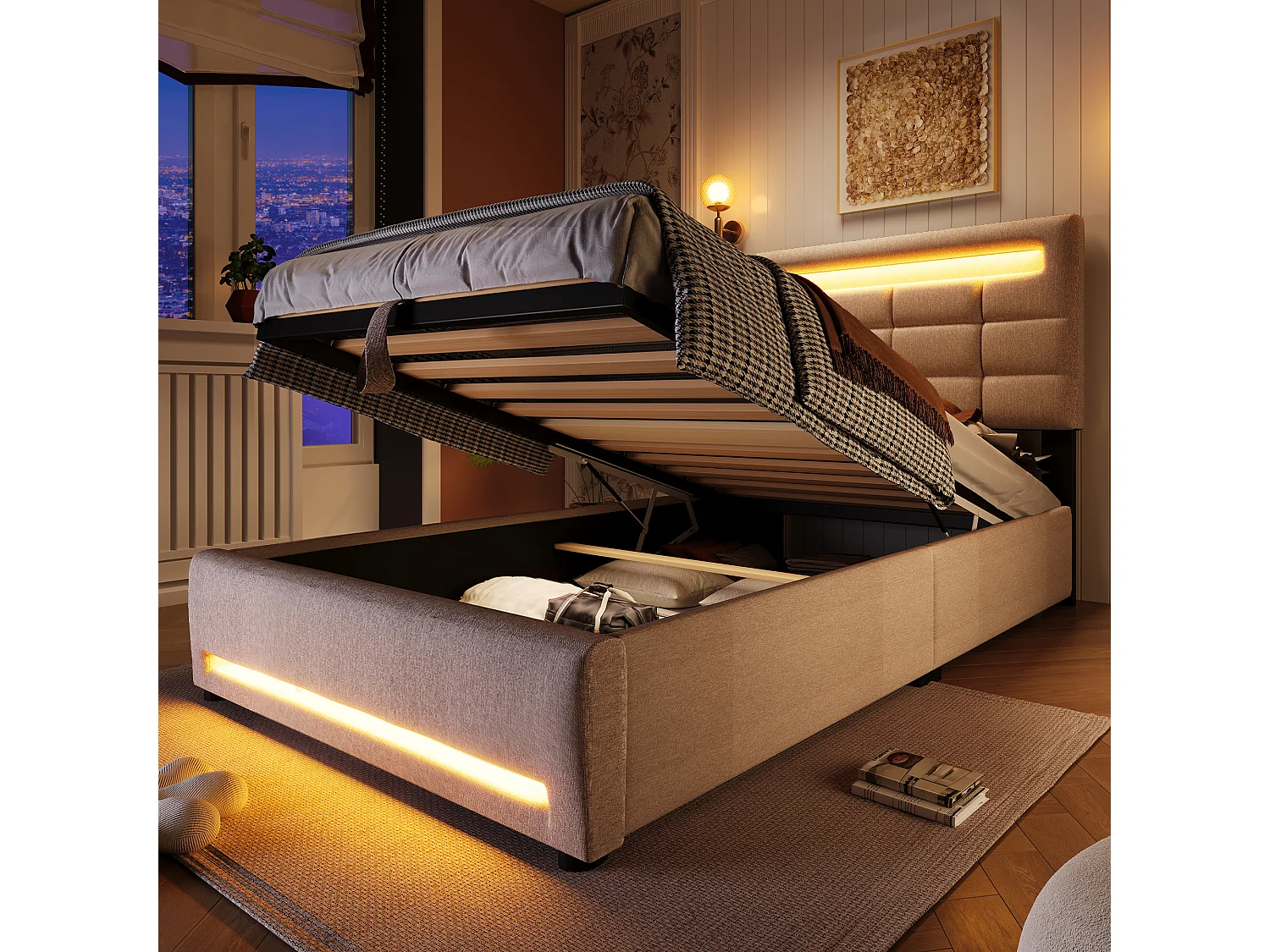 Lit coffre rembourré - 90 x 200 cm - télécommande APP + Leds + port USB - tissu lin - beige